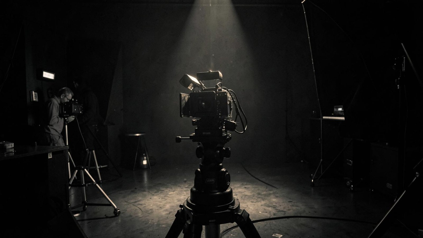 Cinema camera on set in a darkened film studio